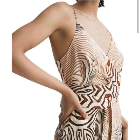 REISS Linen Blend Zebra Print Dress Size 10 Cream Brown Surplice Tie Waist Midi - Picture 2 of 14